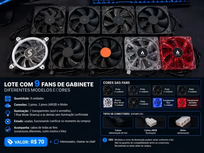Lote com 9 fans para pc