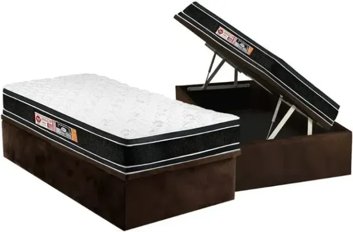 Cama Solteiro Completa Box Suede Marrom + Colchão - Super Oferta