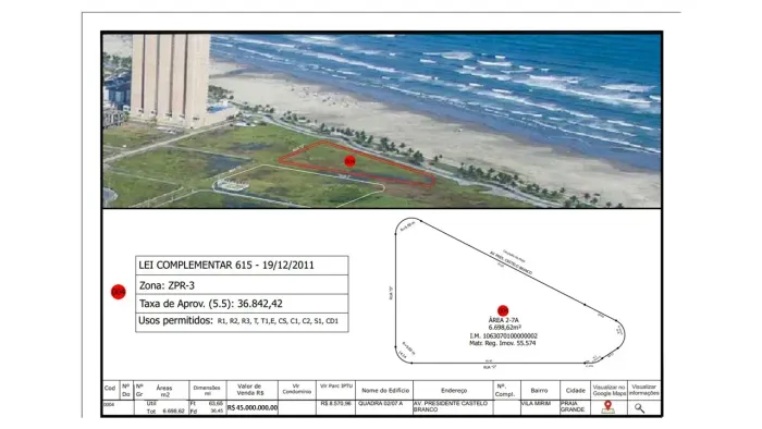 Lote/Terreno para venda com 6698 m2/ FRENTE MAR na Mirim - Praia Grande - SP
