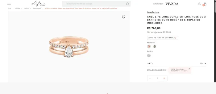 Anel life luna duplo em liga rosé com banho de ouro rosé 18k e topázios incolores