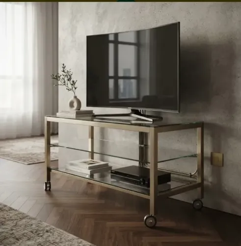 Rack para TV Moderno - Metal e Vidro Temperado (1,20m x 48cm) com Rodinhas
