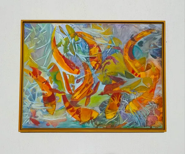 Quadro Pintura Óleo Sobre Tela Carpas Peixes Abstrato 64 x 84