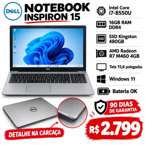 Notebook Dell i7 da 8 geração, 16gb , ssd 480gb, placa de vídeo Radeon 4gb, Bateria ok