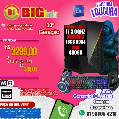 Pc Gamer Intel I7 10 Geração 5.0ghz / 16gb Ddr4 / Ssd 480gb - Em ate 10x Fixas