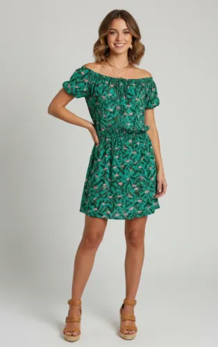 Vestido Curto Estampado Verde com Flamingos M
