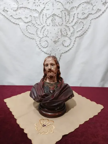 Antiga Estatueta Sagrado Coração Jesus Estuque E Jacaranda