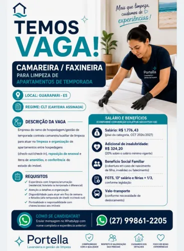 Vaga: Camareira/Faxineira para Limpeza de Apartamentos de Temporada ? Guarapari/ES