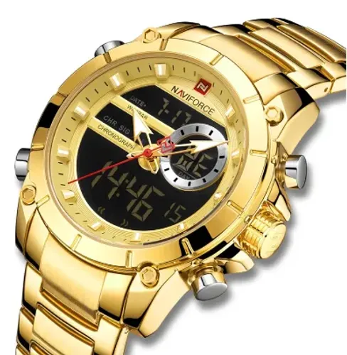 Relógio De Pulso Naviforce 9163 Gold Waterproof Digital Análogico Dual-Display z173