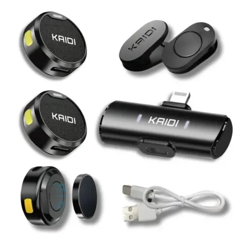 Microfone Lapela Redondo Com Imã Sem Fio Duplo Anti Ruído p/ Android e iPhone Kaidi