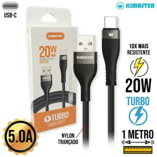 CABO TURBO USB-C 20W KIMASTER - CB752C | RESISTENTE, RÁPIDO E SEGURO