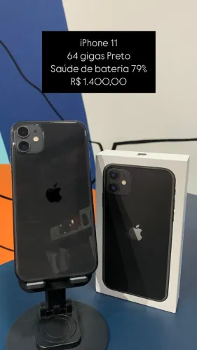 iPhone 11 / 64GB / Preto / Saúde de bateria 79% / R$ 1.400,00