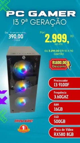  PC Gamer i3 9ª Geração com garantia e parcela no cartão