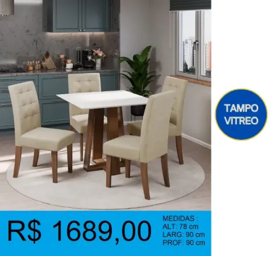 Mesa de jantar 90x90 cadeiras estofadas - Entrega e montagem inclusa