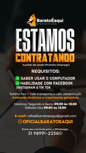 Auxiliar de Vendas Online Ramo Eletrônicos (Primeiro Emprego)