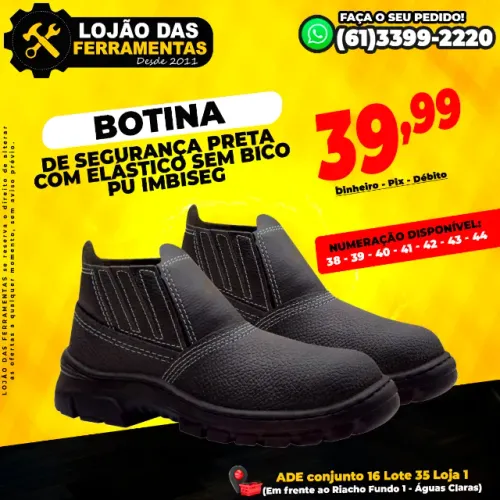 Botina de Segurança Preta Com Elástico Sem Bico PU Imbiseg