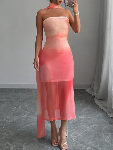 Vestido feminino importado Midi malha transparente com cachecol. Moda shein promoção festa