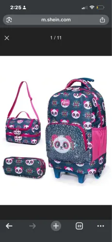 Kit Mochila rodinha + lancheira + estojo panda, em perfeito estado paetê dupla face