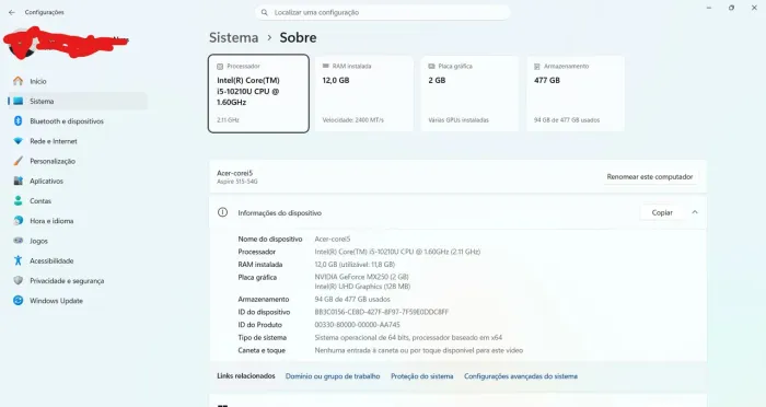 Notebook Acer i5 512 SSD