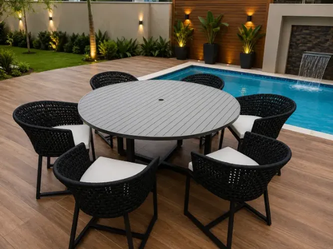 Mesa área gourmet com cadeiras em corda náutica