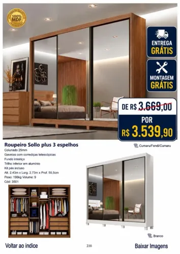 Guarda roupa Casal 3 portas espelhada 100% MDF