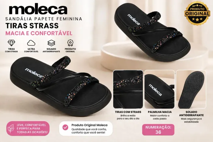 Sandália Papete Moleca Feminina Tiras Strass - Original
