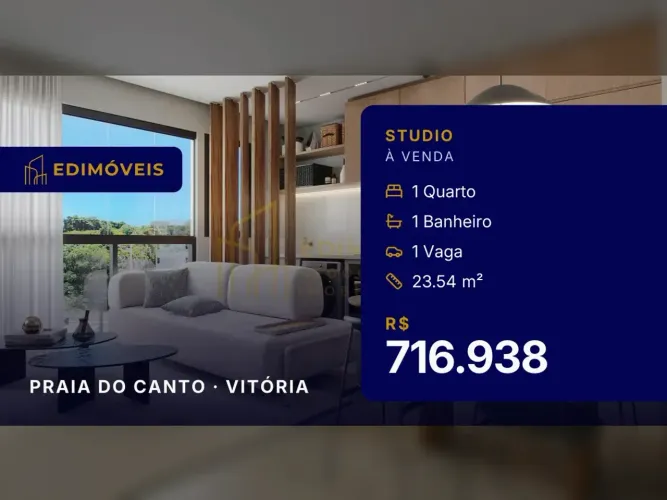 Studio compacto em Praia do Canto, alta liquidez e baixo custo de manutenção