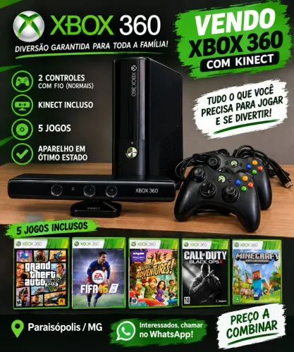 Xbox 360 com Kinect 2 controles + 5jogos