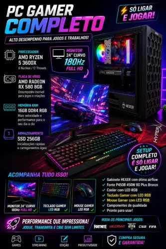 Pc gamer completo com tela gamer 24 180hz