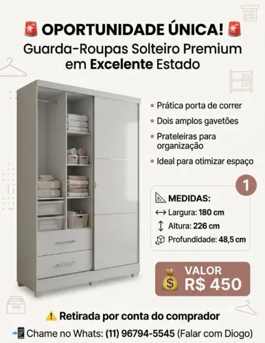 Vende-se guada roupas Solteiro - Banco, porta de correr, 2 gavetões e prateleiras (Usado)