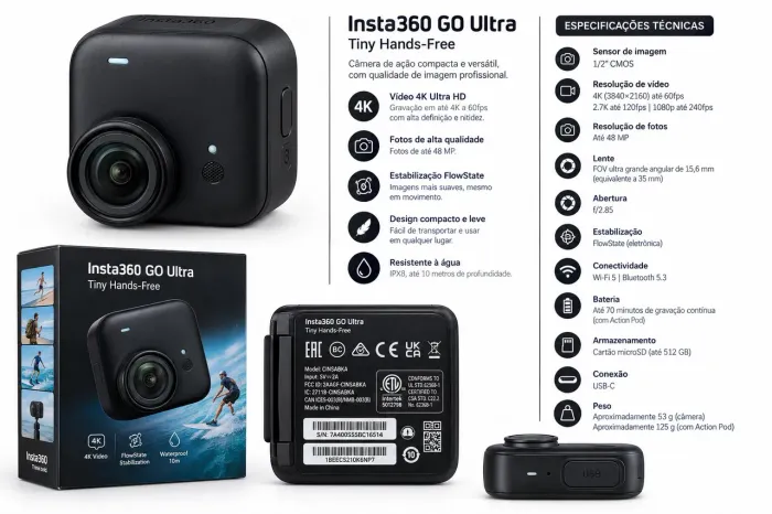 Câmera Insta360 GO Ultra + Caixa de Som Marshall Emberton II
