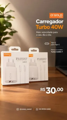Carregador Turbo 40W Tipo C para Tipo C a?Gold CA40-7