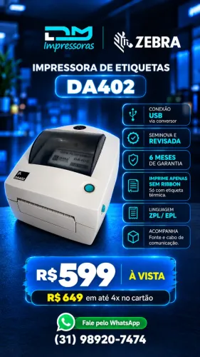 Impressora Térmica de Etiquetas Zebra DA402 - 06 meses de Garantia - Instalação Inclusa