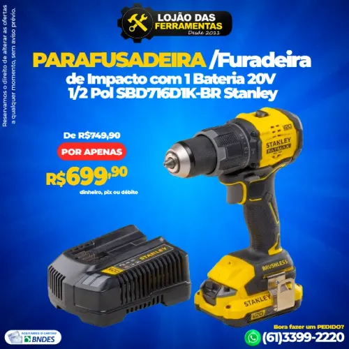 Parafusadeira/Furadeira de Impacto Com 1 Bateria 20V 1/2 Pol SBD716D1K-BR Stanley