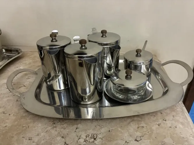 Jogo De Café E Chá Vintage Aço Inox Wolff Anos 80 Completo com Bandeja