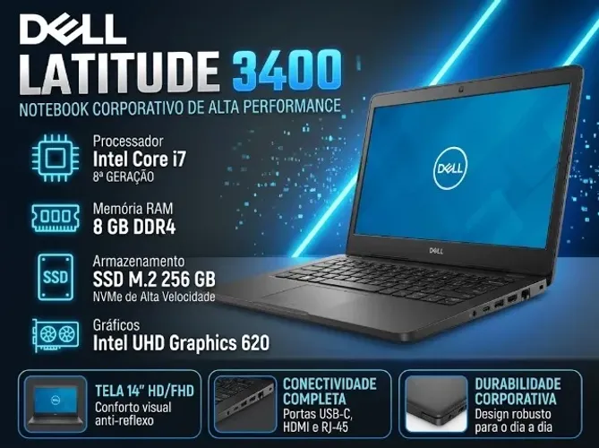 Notebook Dell i7 8ª Geração, SSD, Wifi 5g, Gigabit, Usb c, DDR4