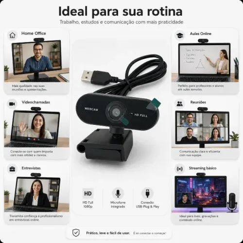 Webcam Full Hd 1080p Usb Microfone Pc Notebook Plug Play