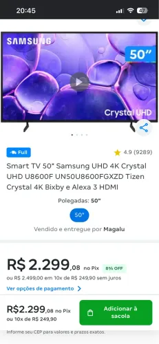 TV SAMSUNG CRISTAL 50 POLEGADAS 