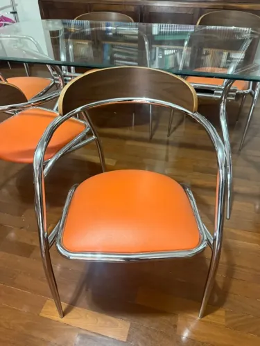 Mesa de jantar, 6 cadeiras, tampo de vidro