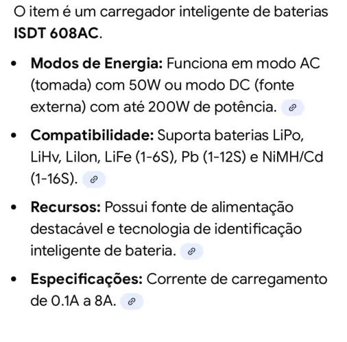Carregador inteligente de baterias ISDT 608AC