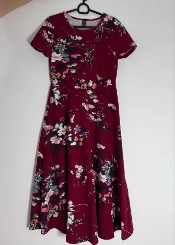 Vestido vermelho floral feminino manga curta elegante  