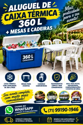 Aluguel de mesa cadeira e caixa térmica