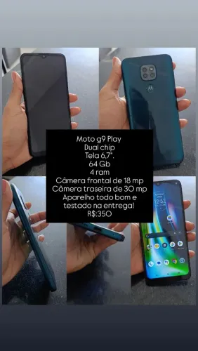 Moto g9 Play<br>Dual chip<br>Tela 6,7".<br>64 Gb<br>4 ram<br>Câmera frontal de 18 mp