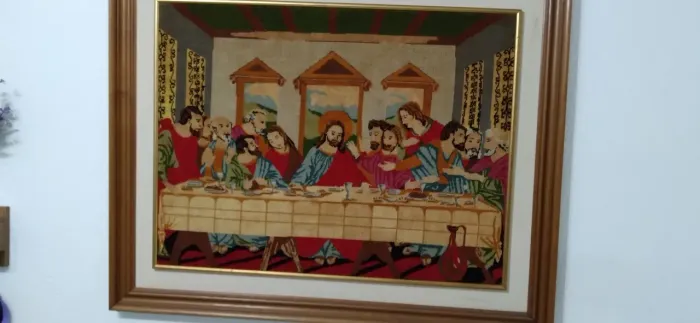 Quadro de tapeçaria da SANTA CEIA bordado a mão com moldura incluída 