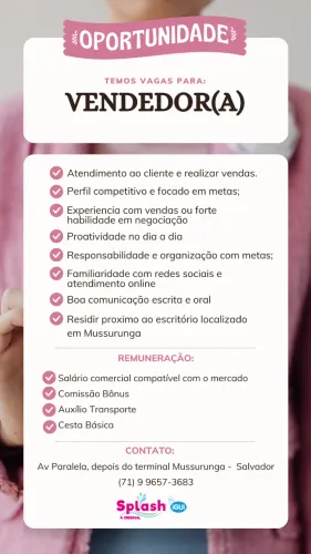 VENDEDOR DE PISCINA COM EXPERIÊNCIA EM VENDAS