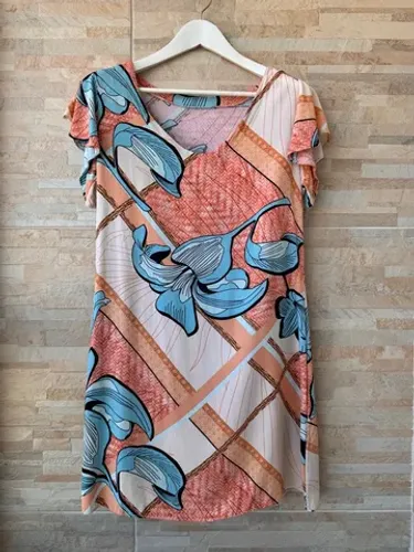 vestido estampado azul e laranja em viscose, tamanho p.