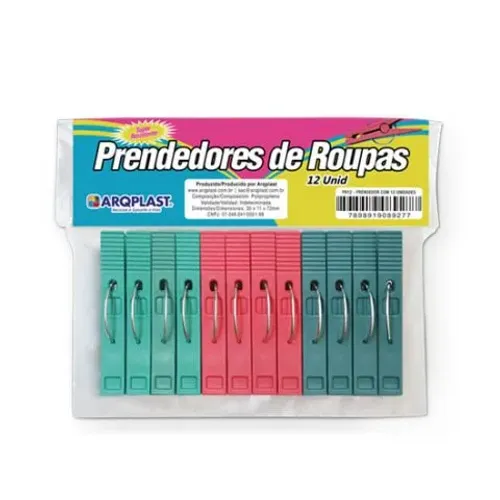 Predendor Para Roupa Colorido 12 Peças Pr12 30 X 11 X 72mm