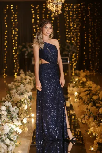 Vestido de festa luxo azul marinho brilhante