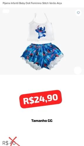 Pijama Infantil Baby Doll Feminino Stitch Verão GG