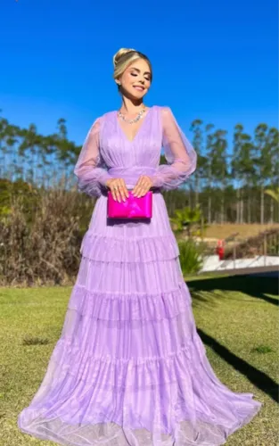 Vestido Festa Madrinha Casamento Manga Longa Babado Três Marias