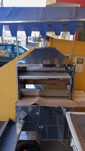 NZ. Carrinho inox de churrasco espetinho com toldo azul 